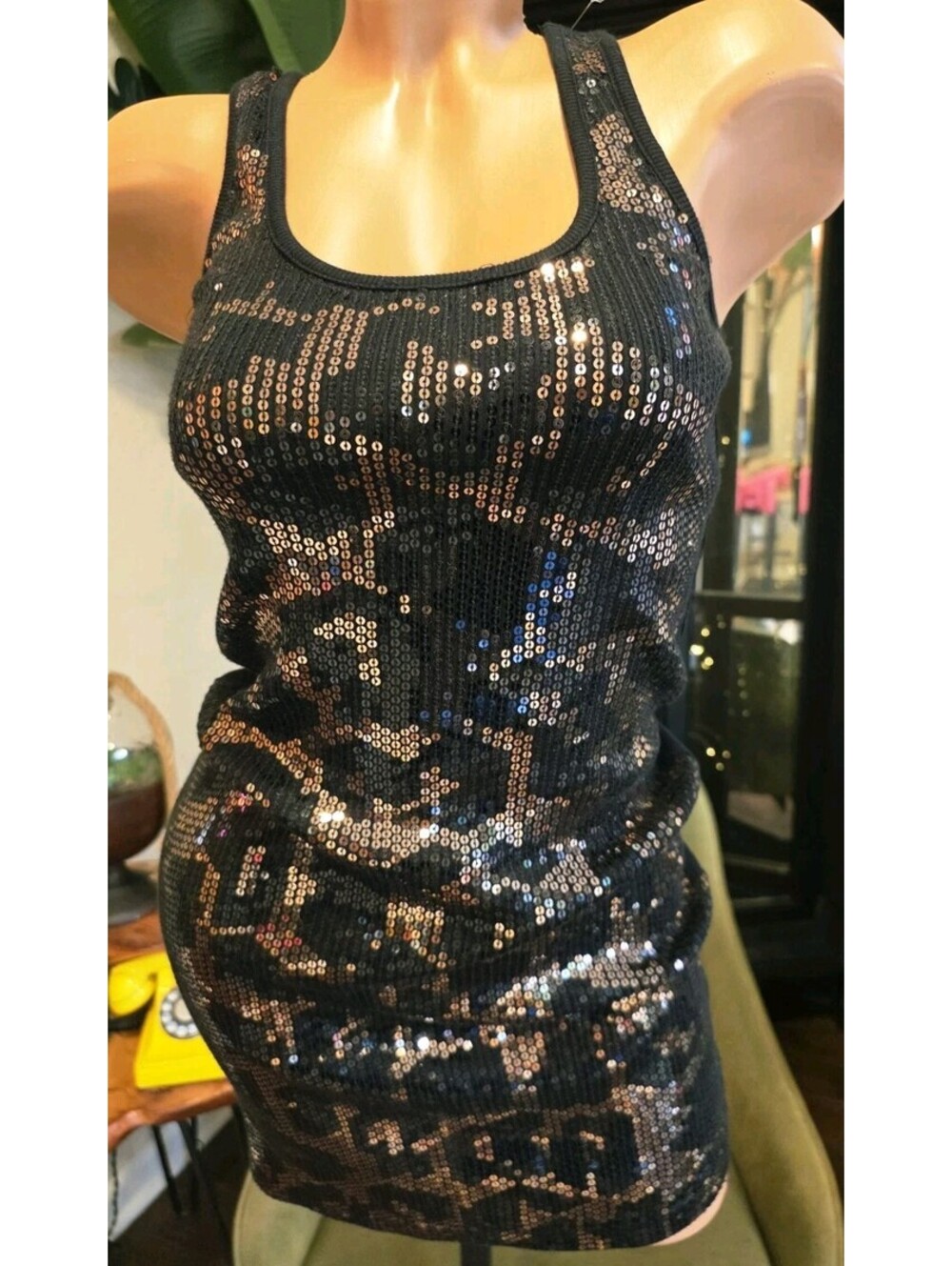 Express Black Gold Sequin Tank Dress XS Leopard Cheetah Mini Y2K Party Going Out